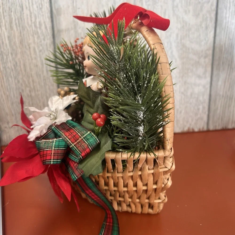 Vintage Kitschy Christmas Lefton boy‎ heart guitar 60's poinsettia greenery